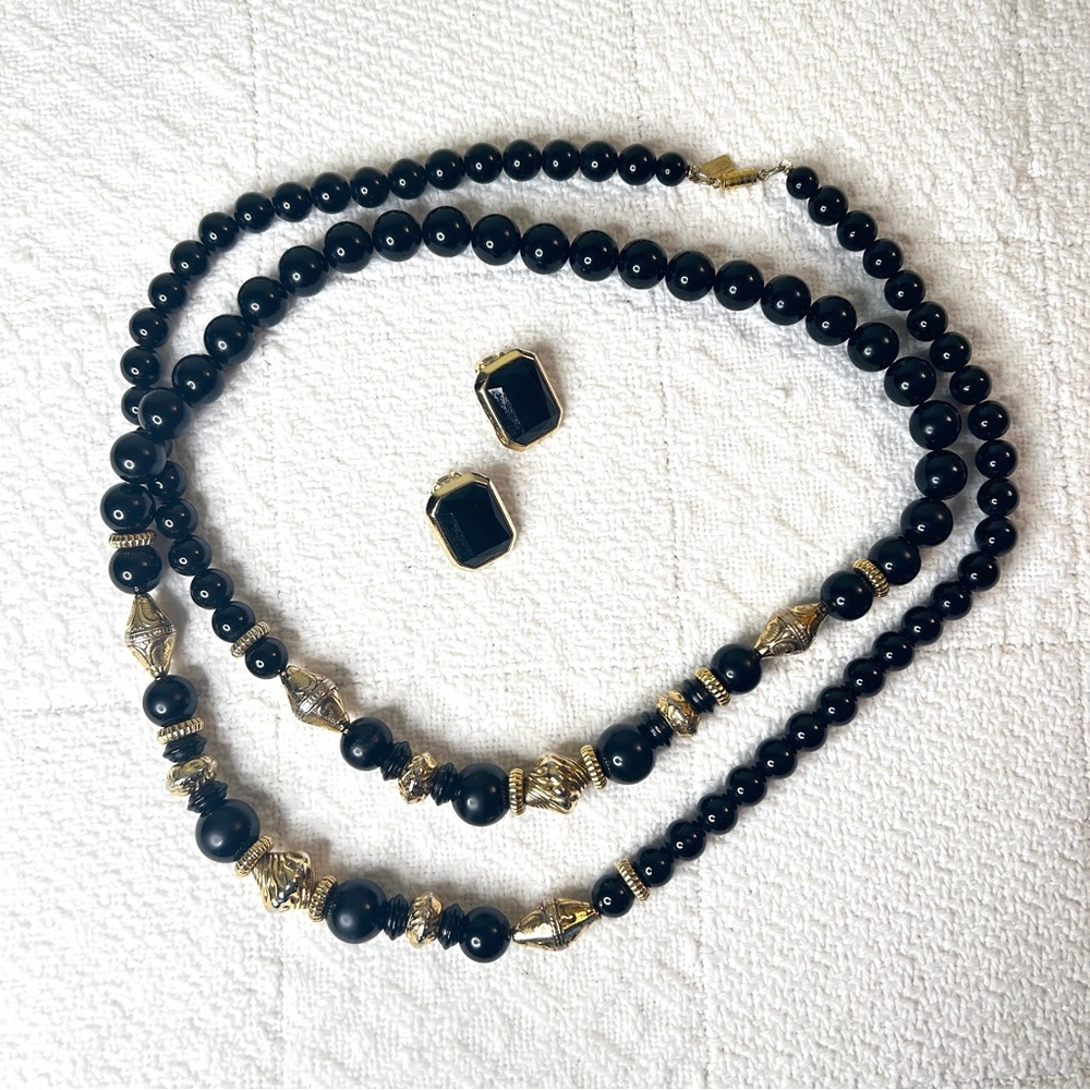 Vintage 1928 Jewelry Black Bead Necklace + Black Gold Clip Earrings Set